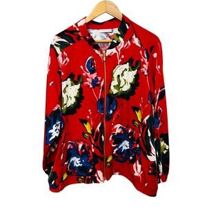 Susan Graver Jacket Womens 3X Floral Bomber Track Red Rose Gold Full Zip Stretch